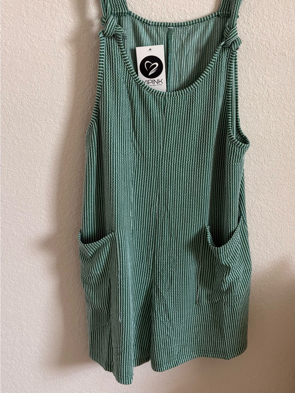 NWT YIPINK Green Striped Tie Strap Overall Romper With Pockets